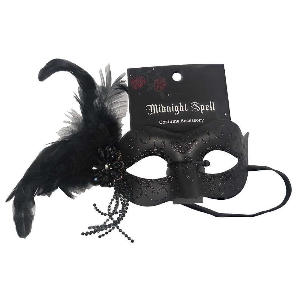 Midnight Spell Masquerade Mask Adult OS Black New Feather Beaded Gothic Venetian